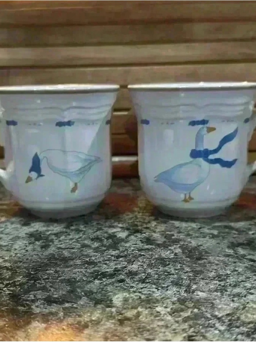Vintage Newcor White Coffee Mugs w/Blue Goose design- Cottagecore